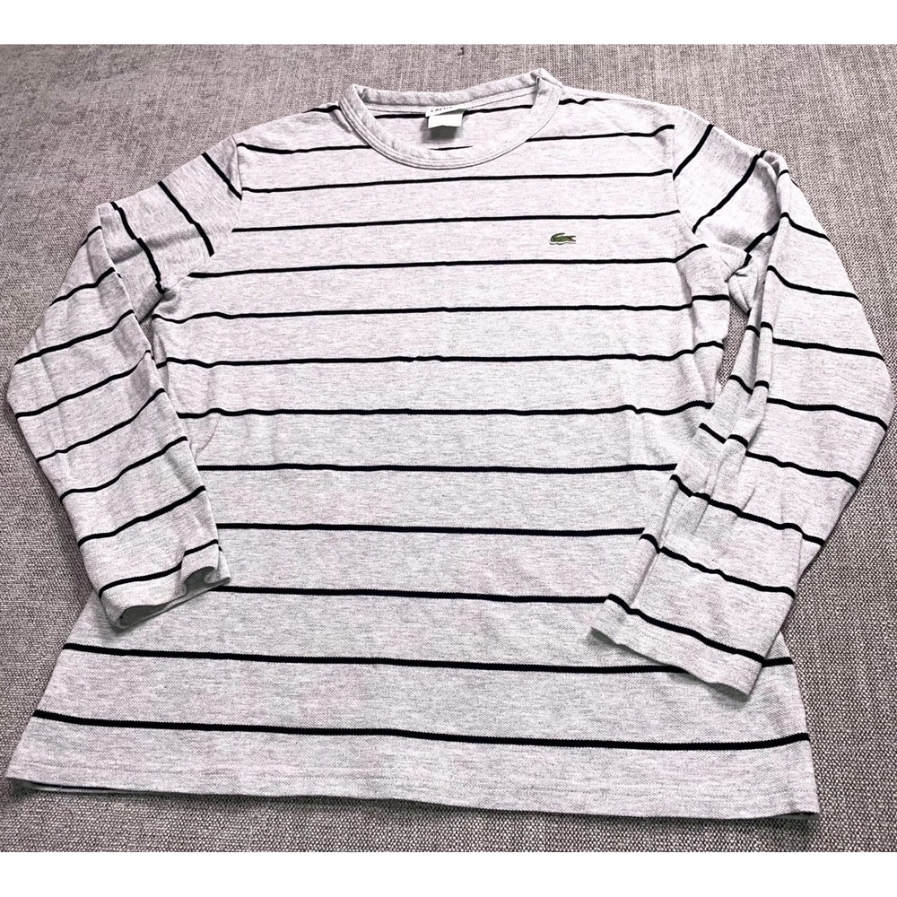 Lacoste Shirt Mens 6 Gray Black Striped Cotton Slim Fit Crew Neck Long Sleeve
